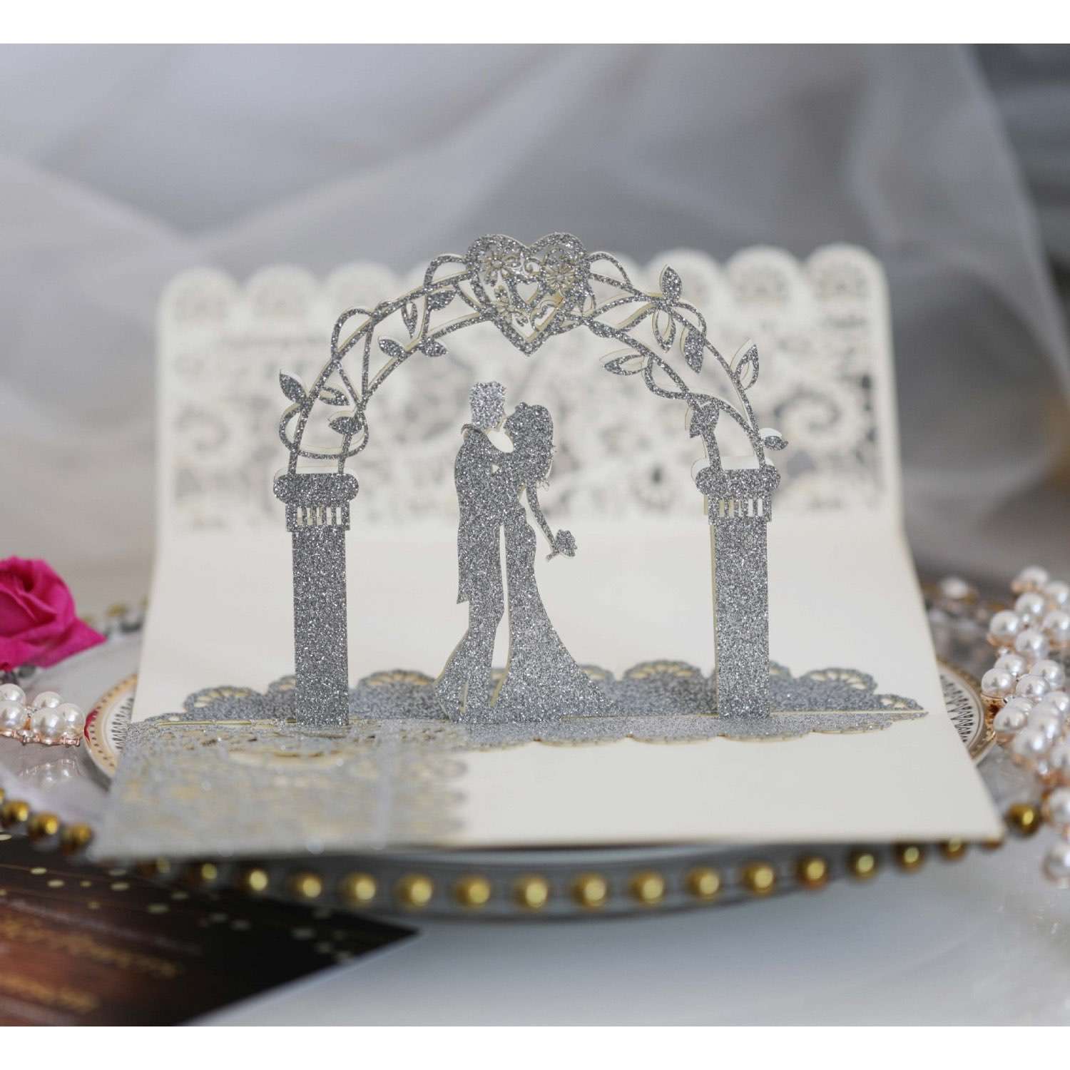 3D Marriage Invitation Card Laser Cut Invitation Pink Glitter Paper